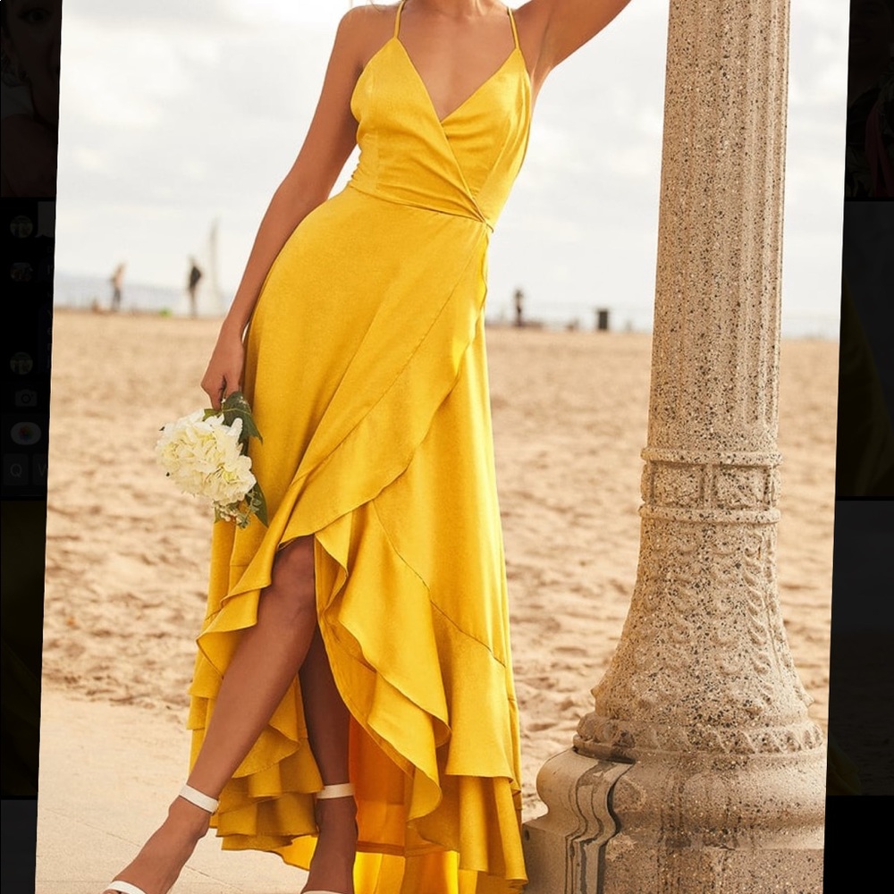 Mustard Yellow Satin Lace-Up High-Low Maxi Dress